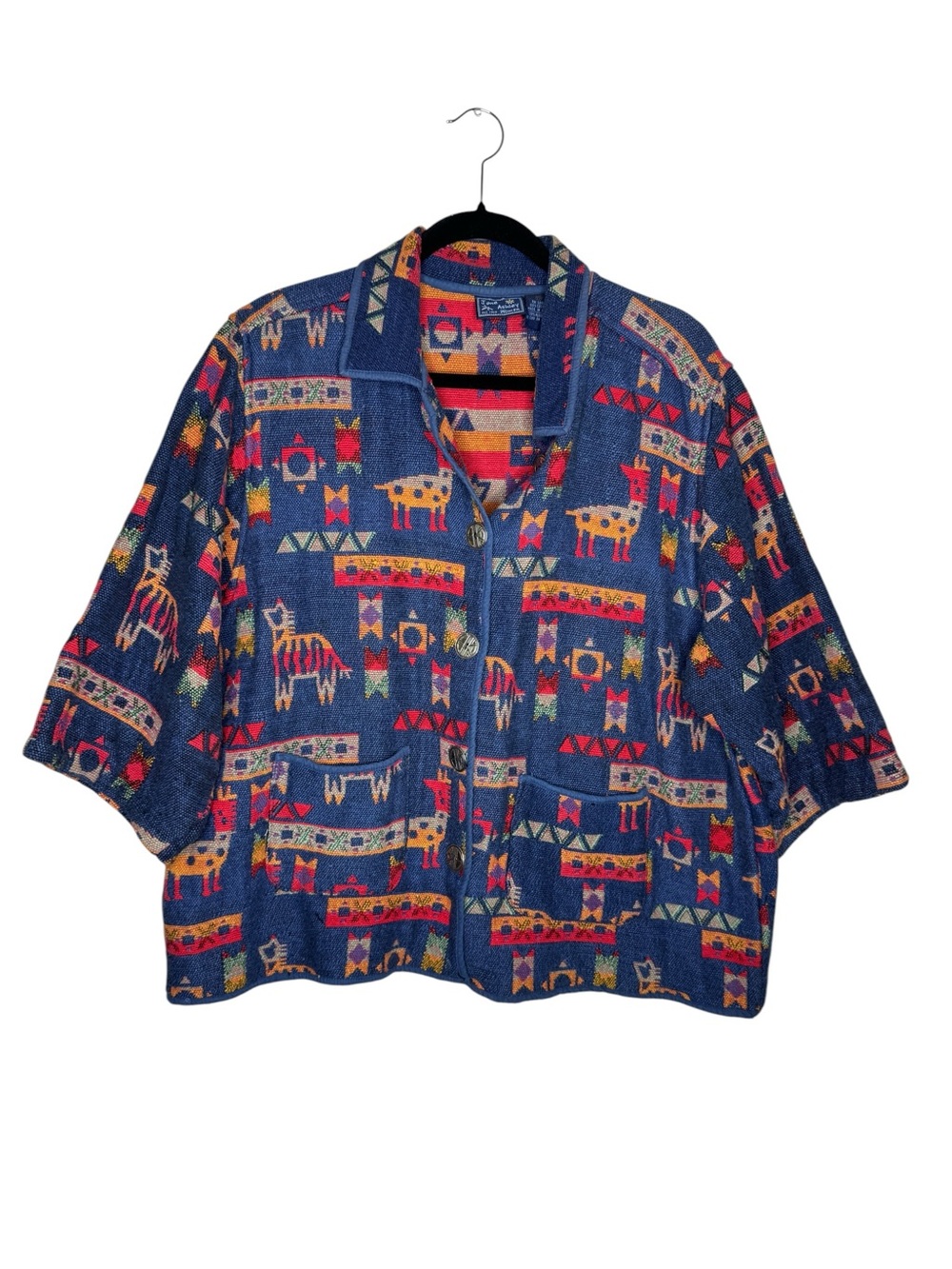 JANE & ASHLEY / vintage blue red Peruvian tapestry cropped button up jacket / 2X